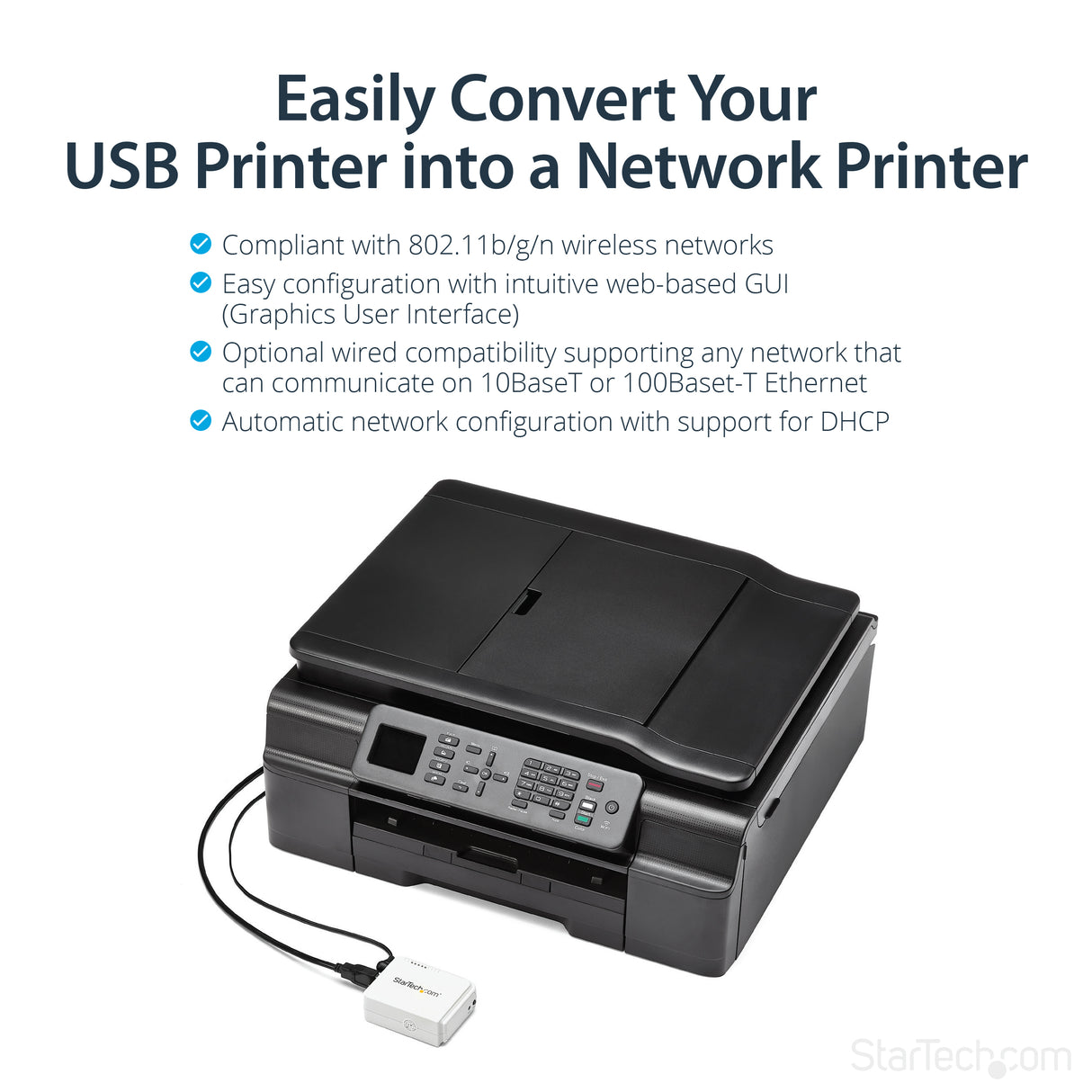 StarTech.com 1 Port USB Wireless N Network Print Server with 10/100 Mbps Ethernet Port - 802.11 b/g/n - TAA