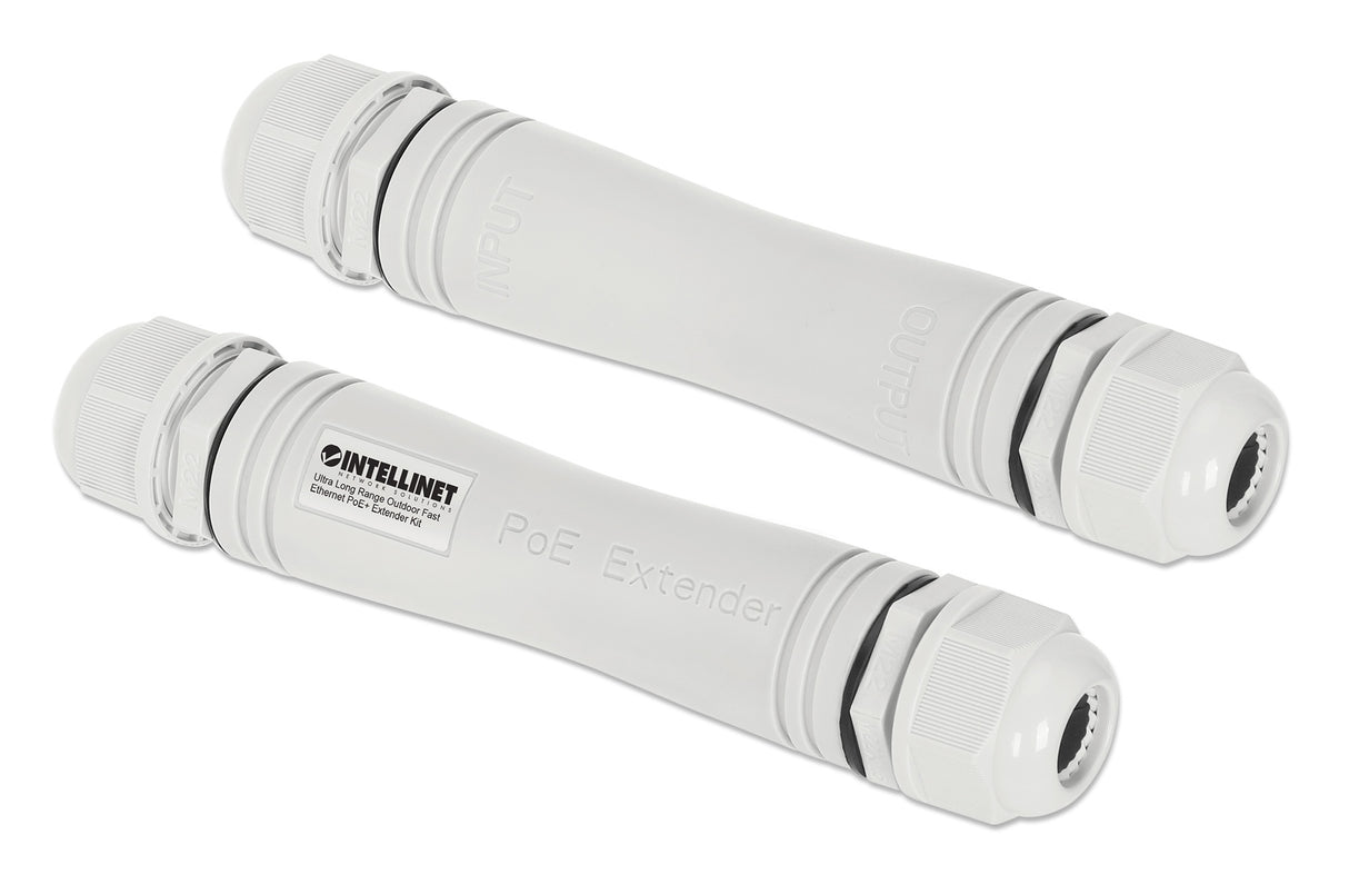 Intellinet Ultra Long Range Outdoor Fast Ethernet PoE+ Extender Kit Extends PoE up to 1000 m (3280 ft.), One PD Port up to 95 W, IEEE 802.3bt (4PPoE) Compatible, IP67 Waterproof and Dustproof, Set of Two Modules, Plastic, Gray