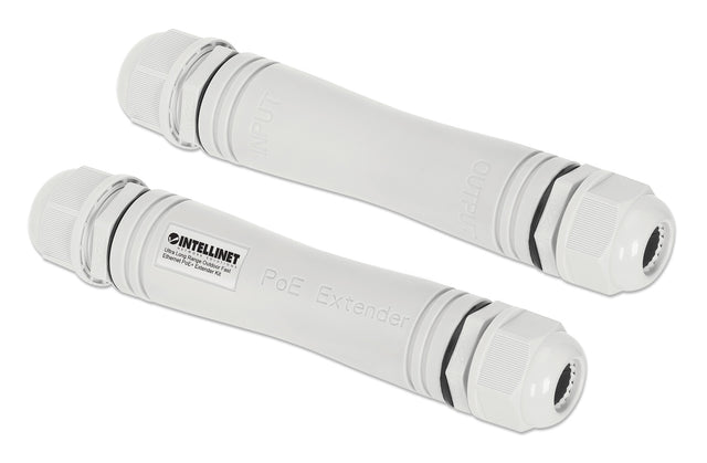 Intellinet Ultra Long Range Outdoor Fast Ethernet PoE+ Extender Kit Extends PoE up to 1000 m (3280 ft.), One PD Port up to 95 W, IEEE 802.3bt (4PPoE) Compatible, IP67 Waterproof and Dustproof, Set of Two Modules, Plastic, Gray