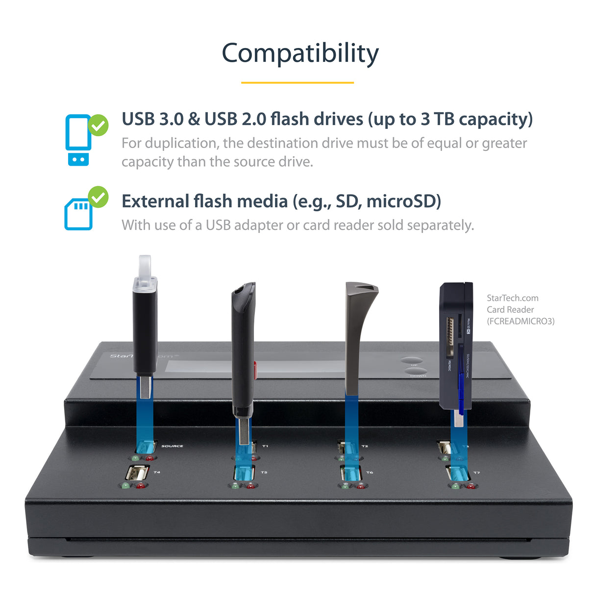 StarTech.com Standalone 1 to 7 USB Thumb Drive Duplicator and Eraser, Multiple USB Flash Drive Copier, System and File and Whole-Drive Copy at 1.5 GB/min, Single and 3-Pass Erase, LCD Display - TAA