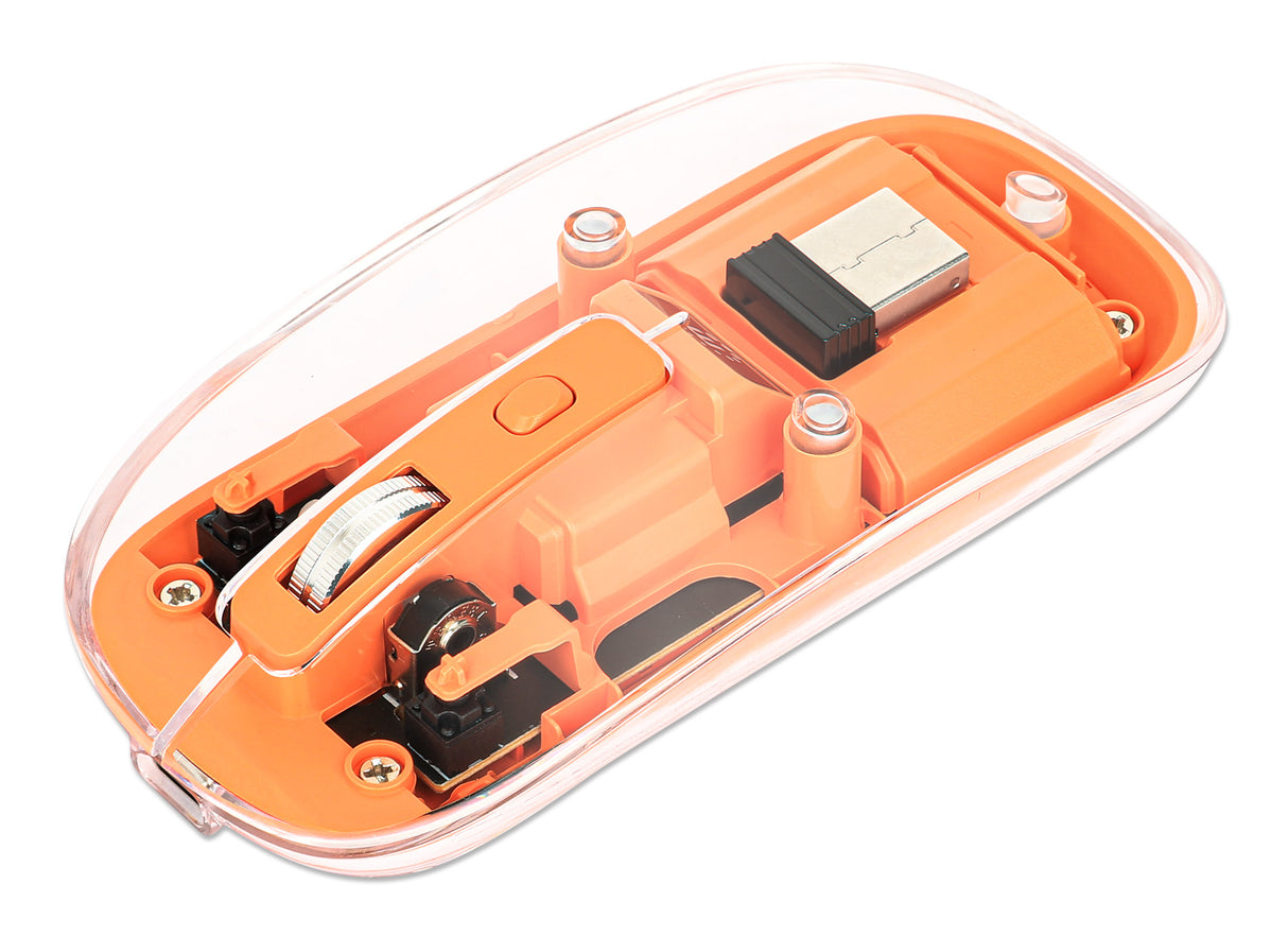 Manhattan Transparent Rechargeable Wireless Mouse, Clear/Orange, Adjustable 800/1200/1600dpi, With RGB LED light, 2.4Ghz (effective range up to 10m), USB, Optical, Ambidextrous, Four Button with Scroll Wheel, Slim Design, USB-A micro receiver...