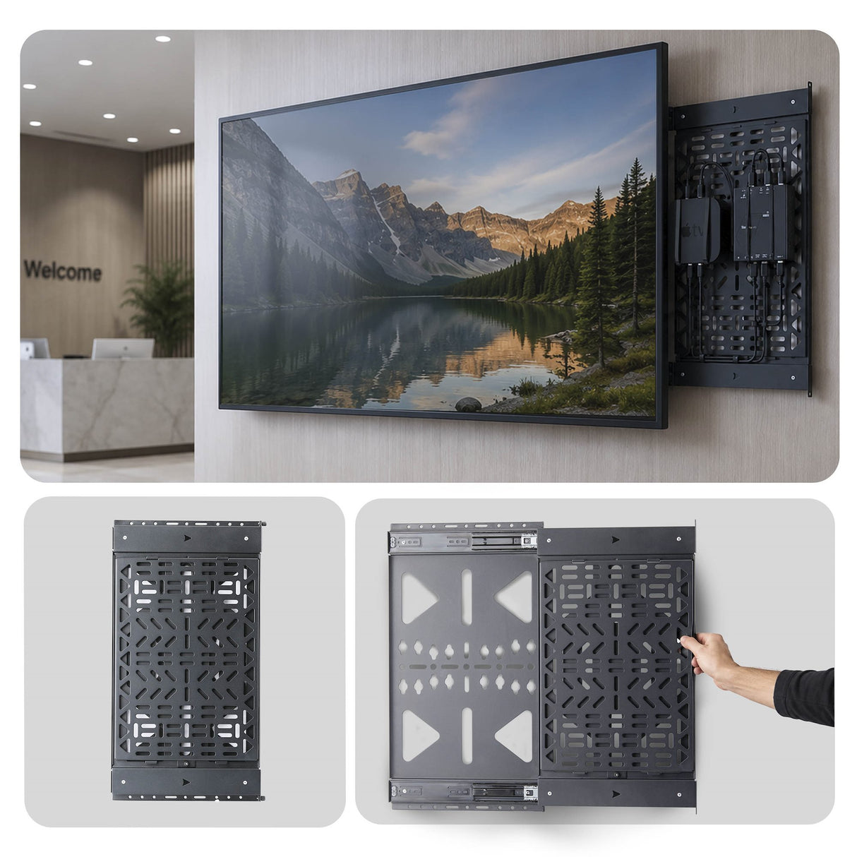 StarTech.com Slide-Out AV Component Storage Panel, Cable Box and Accessories Mounting, 22lb (10kg) Max, Behind-TV Media Wall Mount, Sliding Design for Easy Access