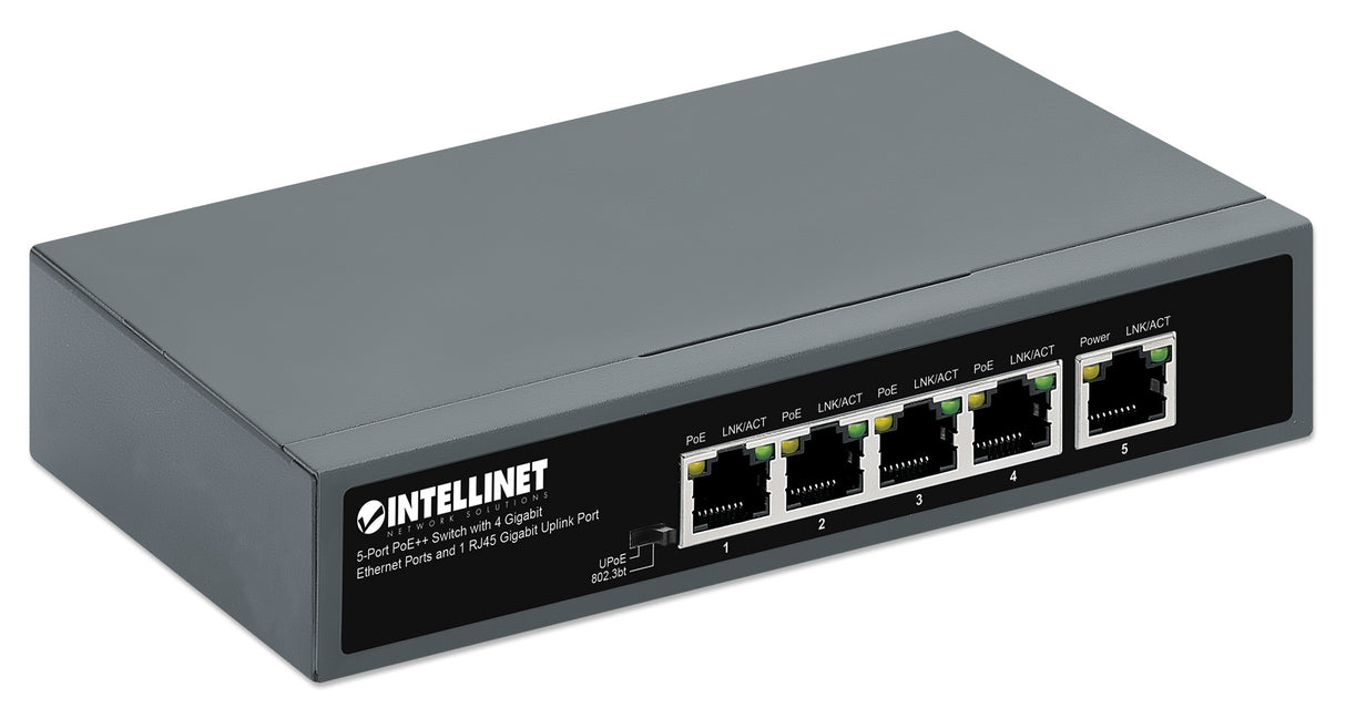 Intellinet 5-Port PoE++ Switch with 4 Gigabit Ethernet Ports and 1 RJ45 Gigabit Uplink Port
