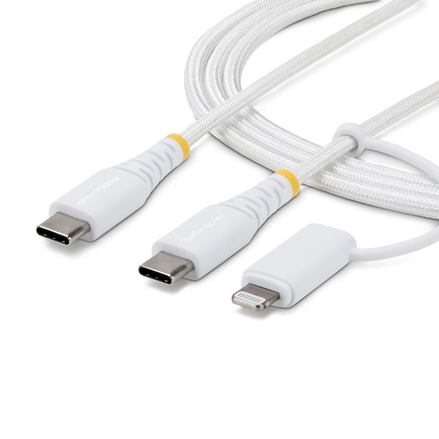 StarTech.com 1m (3ft) 2-in-1 Rugged USB-C Charging Cable with Lightning Adapter, 30W/60W (3A), Apple MFi Certified, Braided USB C Charger Cord for iPhone/iPad/Android