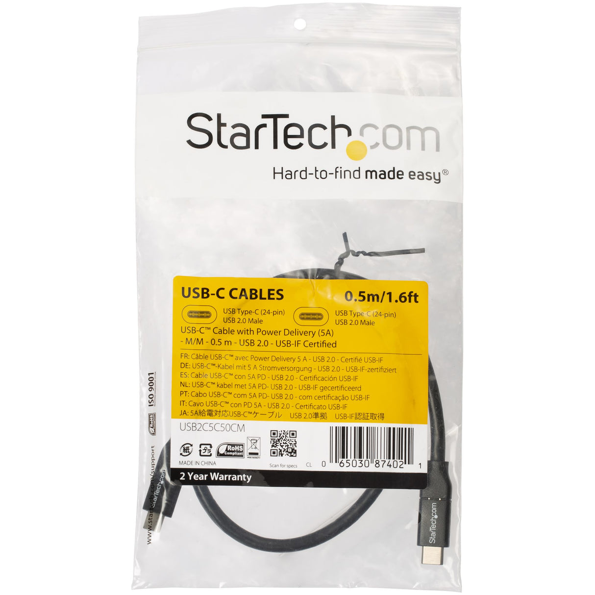 StarTech.com 1.6ft (50cm) USB-C Fast Charging Cable, Charge & Sync, 100W (5A) PD, USB 2.0, USB-IF Certified - USB C Charging Cord