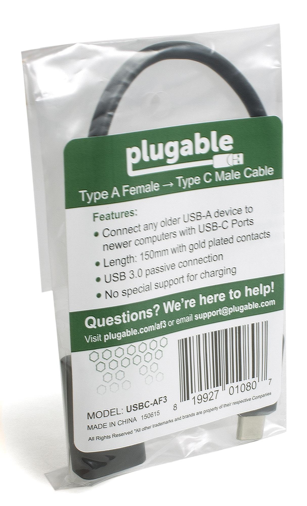 Plugable Technologies USB C to USB Adapter Cable with Driverless Technology, Enables Connection of USB Type C Laptop, Tablet, or Phone to a USB 3.0 Device (8 inch / 20 cm)