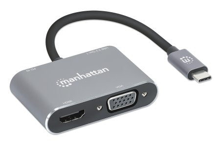 Manhattan USB-C Dock/Hub, Ports (x4): HDMI, USB-A, USB-C and VGA, with Power Delivery (PD) 87W- requires external USB-C charger (not included). USB powered (no external power supply required) when PD is not in use, Aluminium
