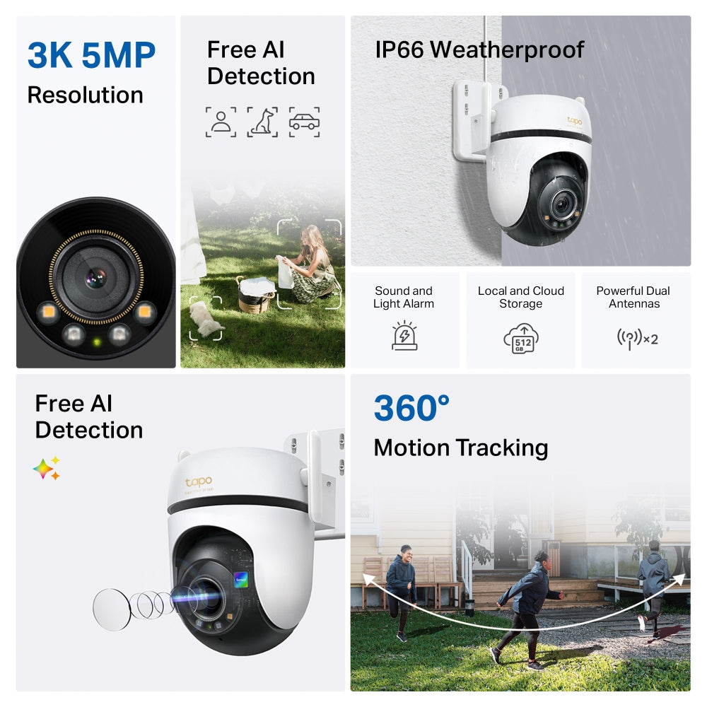 TP-Link Outdoor Pan/Tilt Security Wi-Fi Camera SPEC: 3K 5MP (2880x1620), 2.4 GHz, 2 × External Antennas, 1 × Ethernet Port, Horizontal 360º