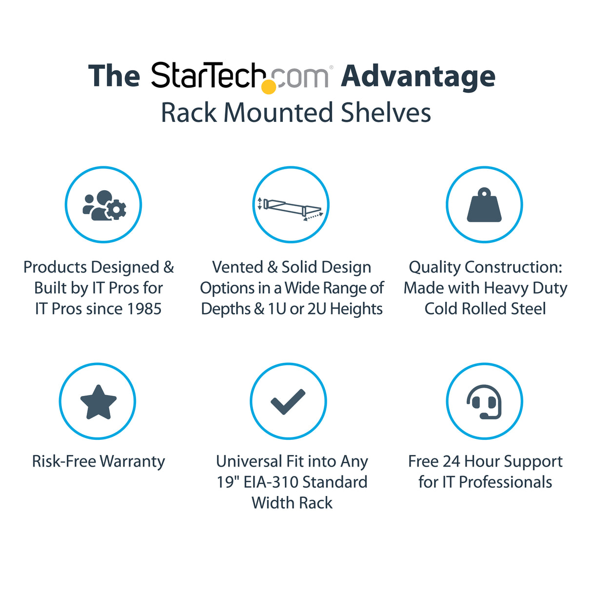 StarTech.com 2U Server Rack Shelf - Universal Vented Rack Mount Cantilever Tray for 19" Network Equipment Rack & Cabinet - Heavy Duty Steel - Weight Capacity 50lb/23kg - 16" Deep Shelf, Black - TAA