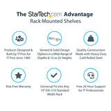StarTech.com 2U Server Rack Shelf - Universal Vented Rack Mount Cantilever Tray for 19" Network Equipment Rack & Cabinet - Heavy Duty Steel - Weight Capacity 50lb/23kg - 16" Deep Shelf, Black - TAA