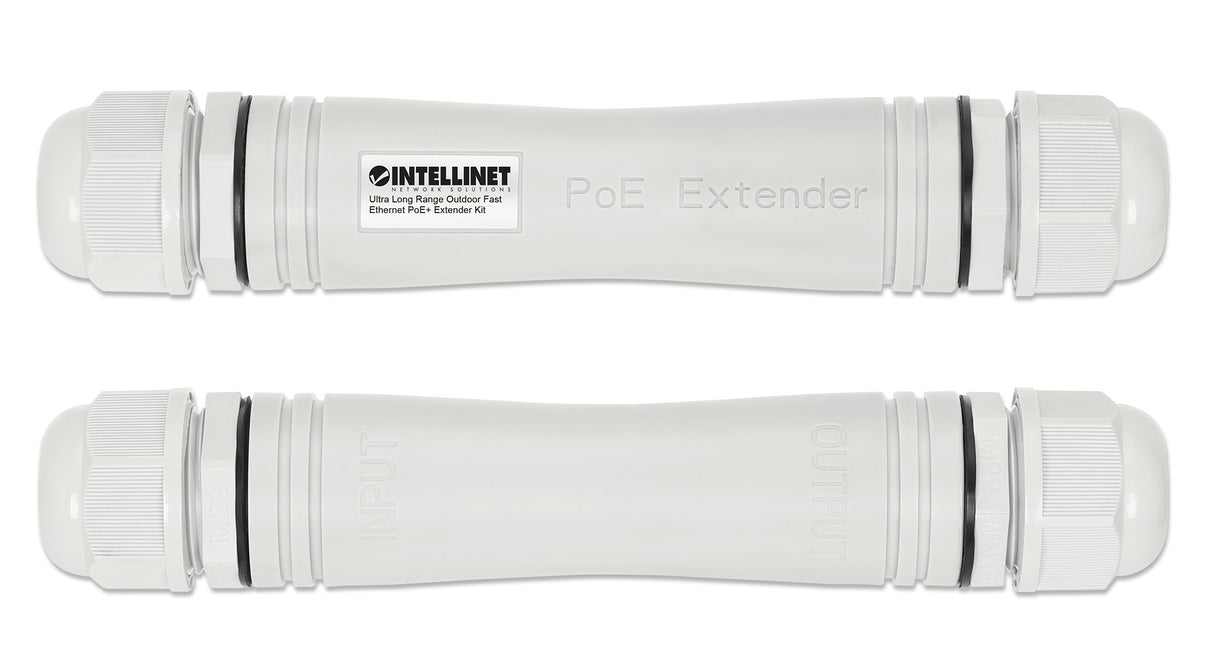Intellinet Ultra Long Range Outdoor Fast Ethernet PoE+ Extender Kit Extends PoE up to 1000 m (3280 ft.), One PD Port up to 95 W, IEEE 802.3bt (4PPoE) Compatible, IP67 Waterproof and Dustproof, Set of Two Modules, Plastic, Gray