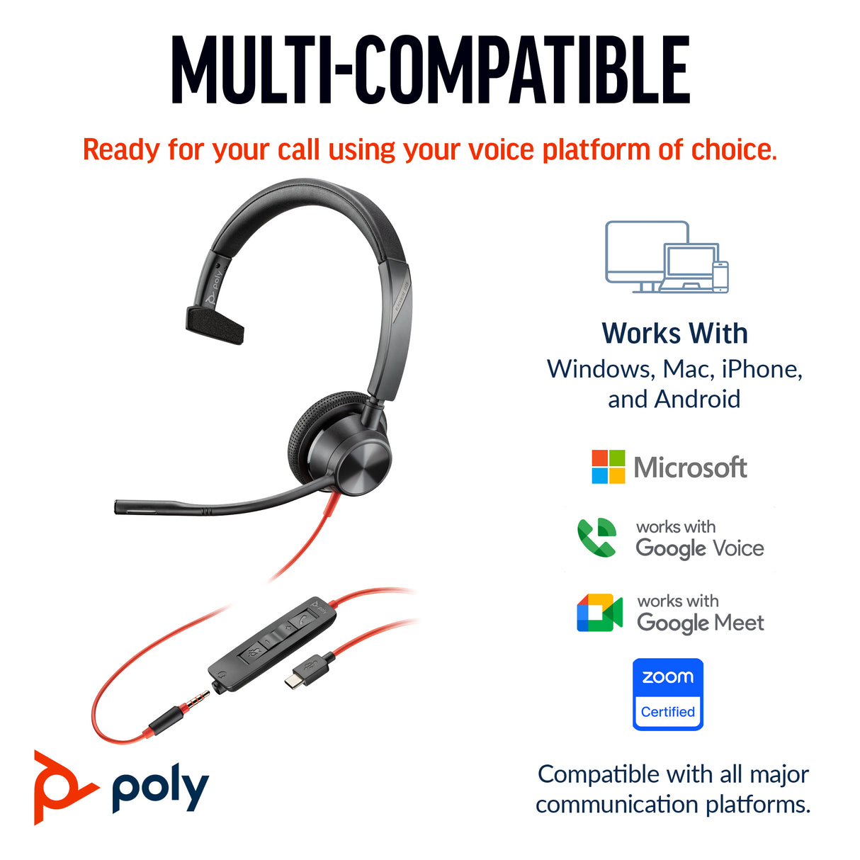 HP Poly Blackwire 3315 Monaural USB-C Headset +3.5mm Plug +USB-C/A Adapter