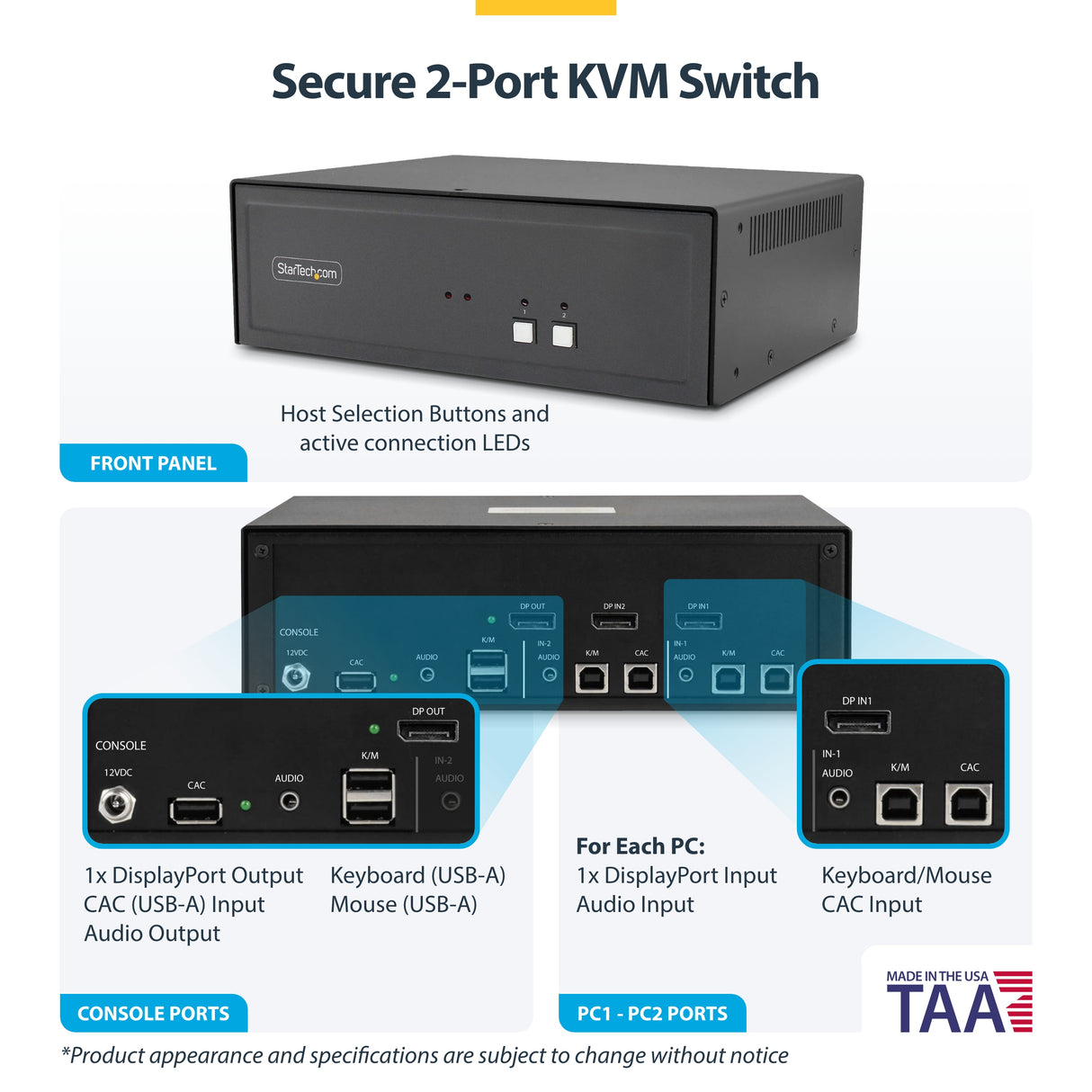 StarTech.com Secure 2-Port KVM Switch, DisplayPort, 4K 60Hz, NIAP 4.0 Desktop KVM, CAC, Metal Housing, Made in the USA