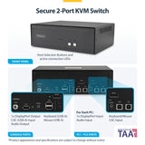 StarTech.com Secure 2-Port KVM Switch, DisplayPort, 4K 60Hz, NIAP 4.0 Desktop KVM, CAC, Metal Housing, Made in the USA
