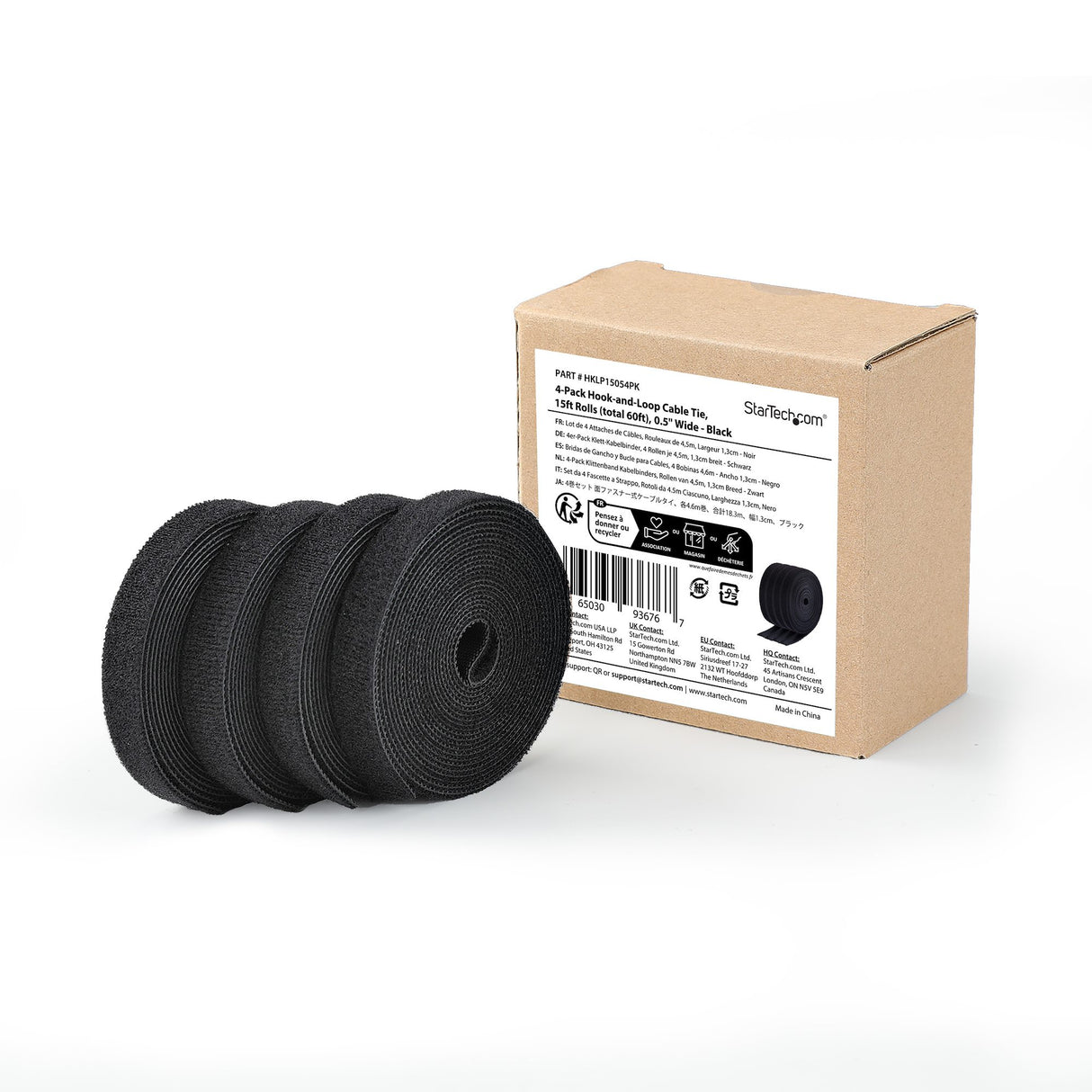 StarTech.com 4-pack 15ft (4.6m) Hook and Loop Roll, 0.5in Wide, Black, Cut-to-Size Reusable Cable Ties, Fastener Tape, Adjustable Fabric Wraps, Bulk Roll