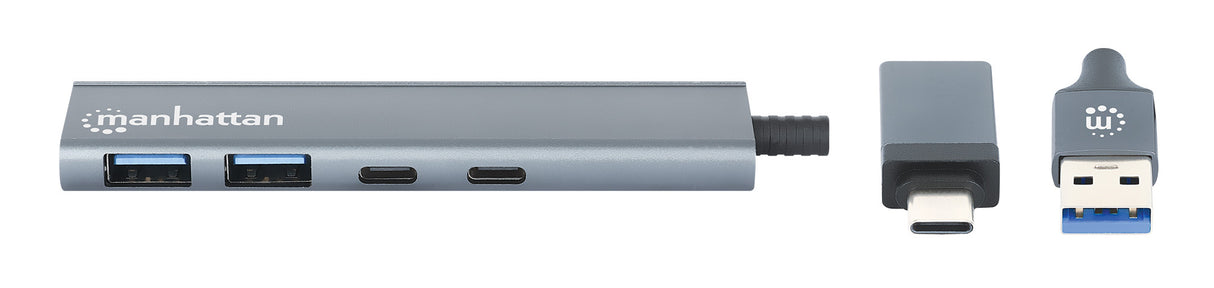 Manhattan USB-C & USB-A Combo Dock/Hub, Ports (4): USB-A (x2) and USB-C (x2), 5 Gbps (USB 3.2 Gen1 aka USB 3.0), USB powered (no external power supply required), Aluminium