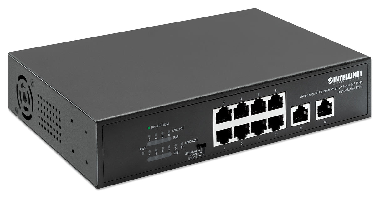 Intellinet 8-Port Gigabit Ethernet PoE+ Switch with 2 RJ45 Gigabit Uplink Ports, IEEE 802.3at/af Power over Ethernet (PoE+/PoE) Compliant, 120 W, Endspan, Desktop (WITH C14 2 PIN POWER CORD)