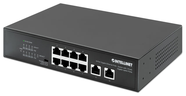 Intellinet 8-Port Gigabit Ethernet PoE+ Switch with 2 RJ45 Gigabit Uplink Ports, IEEE 802.3at/af Power over Ethernet (PoE+/PoE) Compliant, 120 W, Endspan, Desktop (WITH C14 2 PIN POWER CORD)