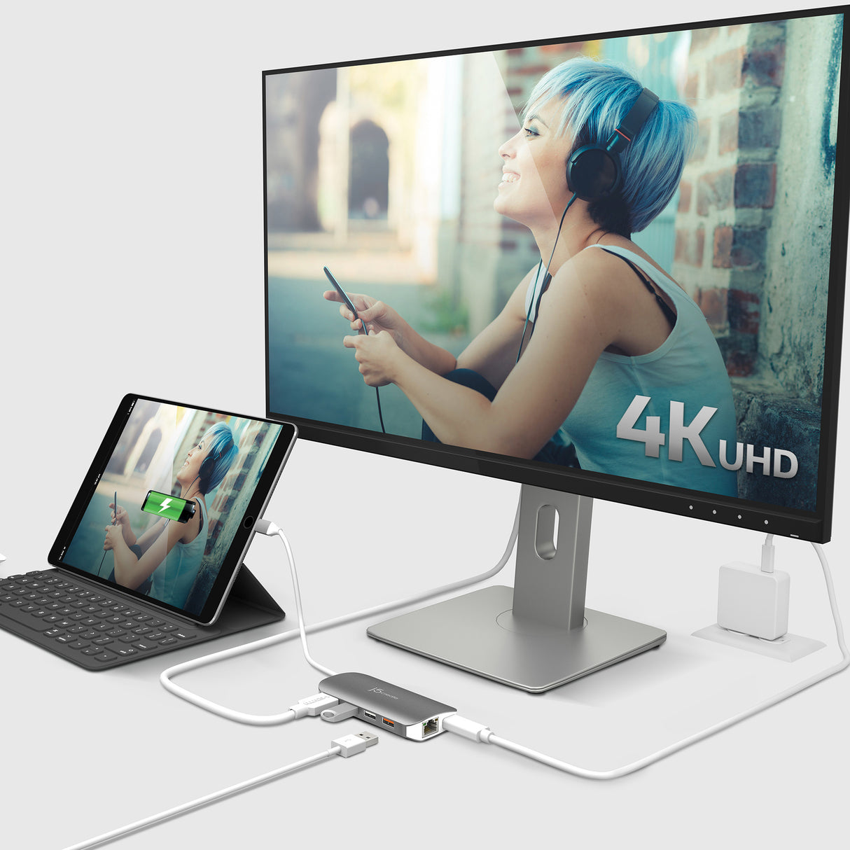 j5create JCD383 USB-C™ 9-in-1 Multi Adapter, Silver and White