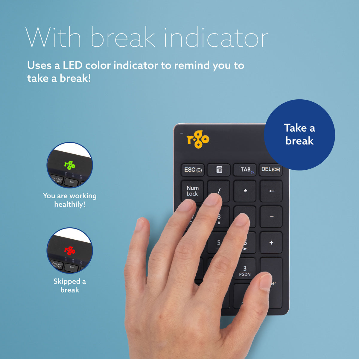 R-Go Tools Numeric keypad R-Go Numpad Break, ergonomic numeric keypad with break software, bluetooth, black