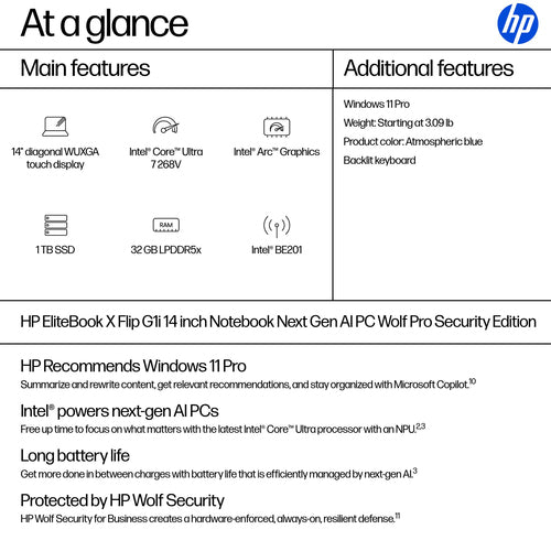 HP EliteBook X Flip G1i Next Gen AI PC Wolf Pro Security Edition Copilot+ PC Intel Core Ultra 7 268V Hybrid (2-in-1) 35.6 cm (14") Touchscreen WUXGA 32 GB LPDDR5x-SDRAM 1 TB SSD Wi-Fi 7 (802.11be) Windows 11 Pro Blue