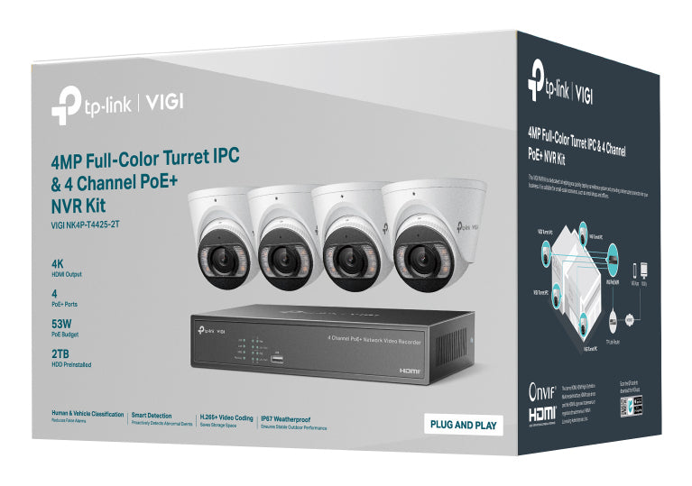 TP-Link KIT 4 VIDEOCAMERE VIGI NK4P-T4425-2T Turret 4MP Full-Color IPC e NVR 4 Canali PoE+ video surveillance kit Wired 4 channels