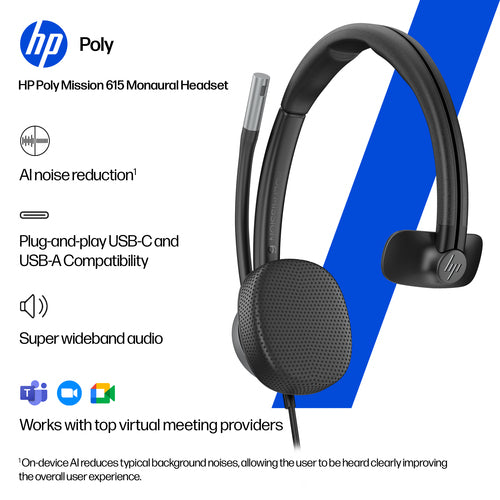 HP Poly Mission 615 Monaural USB Wired Headset TAA