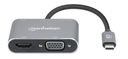 Manhattan USB-C Dock/Hub, Ports (x4): HDMI, USB-A, USB-C and VGA, with Power Delivery (PD) 87W- requires external USB-C charger (not included). USB powered (no external power supply required) when PD is not in use, Aluminium