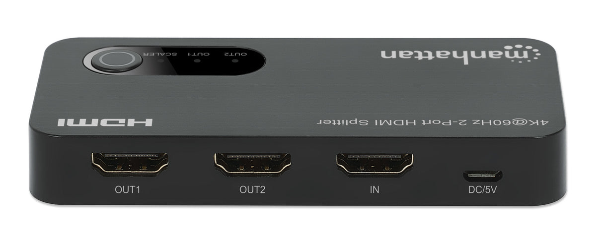 Manhattan 4K@60Hz 2-Port HDMI Splitter Splits One HDMI Input to Two HDMI Outputs (1x2), 18G, Micro-USB input for power, EDID Switch for Downscaling to 1080p, Black, 3 year warranty