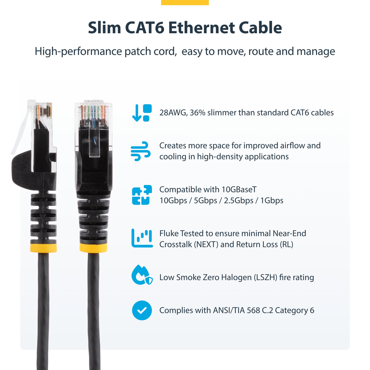 StarTech.com 6in Yellow Slim CAT6 Ethernet Cable, Snagless, 100W PoE, UTP, LSZH, 28AWG Pure Bare Copper Wire, Slim RJ45 Network Patch Cord w/Strain Reliefs, Individually Tested