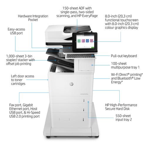 HP LaserJet Enterprise Flow M636z Wireless Multifunction Black and white Printer, Copier, Scanner; Duplex