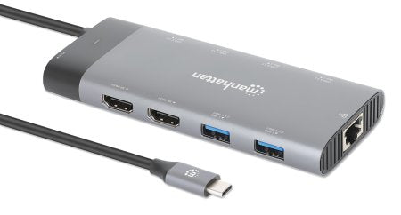 Manhattan USB-C Dock/Hub, Ports (x10): Ethernet, HDMI (x2 8k), USB-A (x5) and USB-C (x2), With Power Delivery (100W) to USB-C Port (Note additional USB-C wall charger and USB-C cable needed), USB 3.2 Gen 2, All Ports can be used at the same time...
