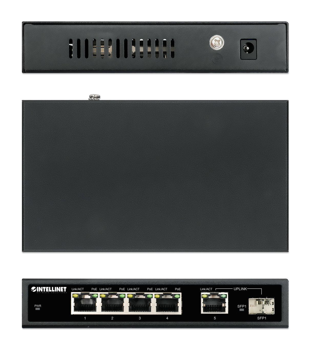 Intellinet 5-Port Gigabit Ethernet PoE+ Switch with SFP Port, Four PSE PoE Ports, IEEE 802.3at/af (PoE+/PoE) Compliant, PoE Power Budget of 91 W, Desktop Format, Wall-mount Option
