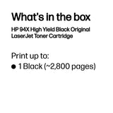 HP 94X High Yield Black Original LaserJet Toner Cartridge