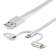 StarTech.com 6ft (1.8m) USB Multi-Charging Cable, USB-A to Lightning/USB-C/Micro-USB, Apple MFi Certified, Braided Nylon Jacket; USB 3-in-1 Charger Cable/Cord