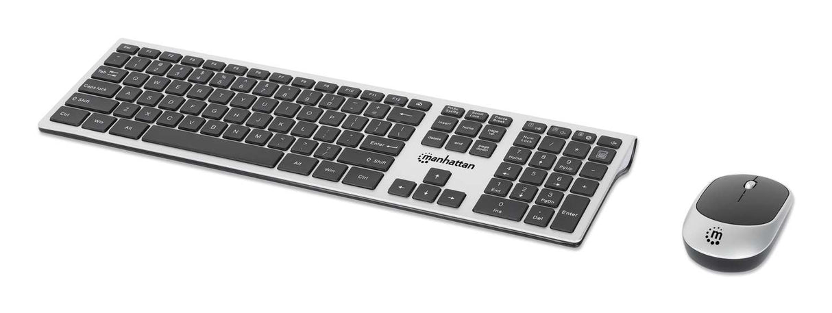 Manhattan One Single USB-A Nano Receiver for Both, Full-Size Wireless Keyboard, Ambidextrous Optical Mouse with Three Buttons and Scroll Wheel, 1200 dpi, Silver/Black