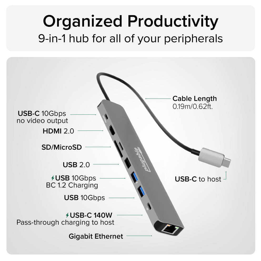 Plugable Technologies USBC-9IN1E interface hub USB Type-C 10000 Mbit/s Grey