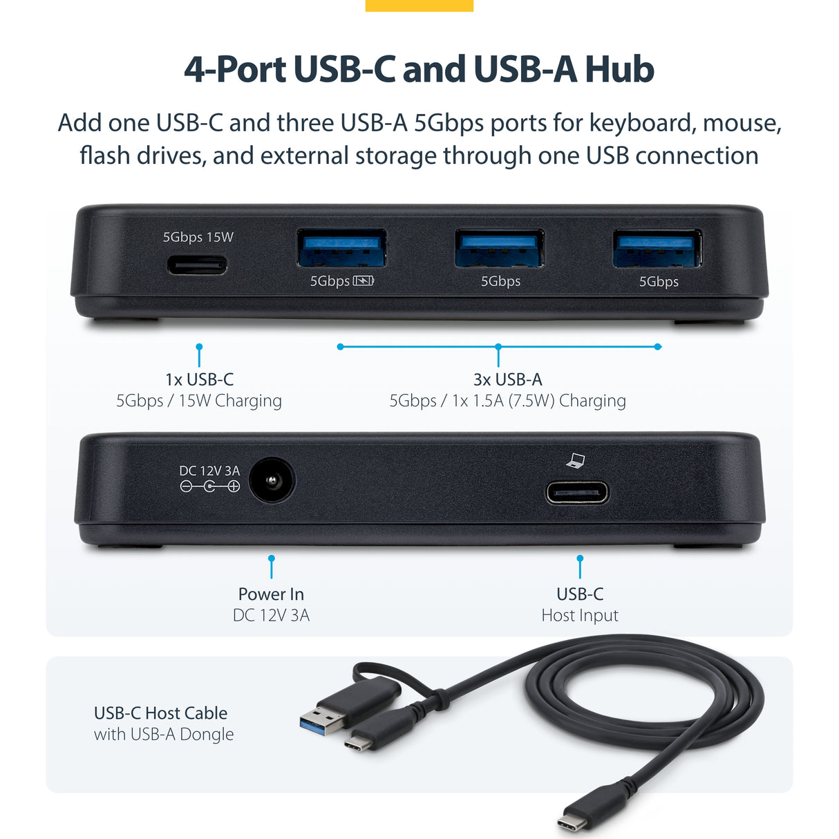 StarTech.com 4-Port USB-C and USB-A Hub, 5Gbps, Self-Powered, 2-in-1 USB-C and USB-A Host Cable, 1x USB-C and 3x USB-A (1x BC 1.2), 36W Power Adapter Included