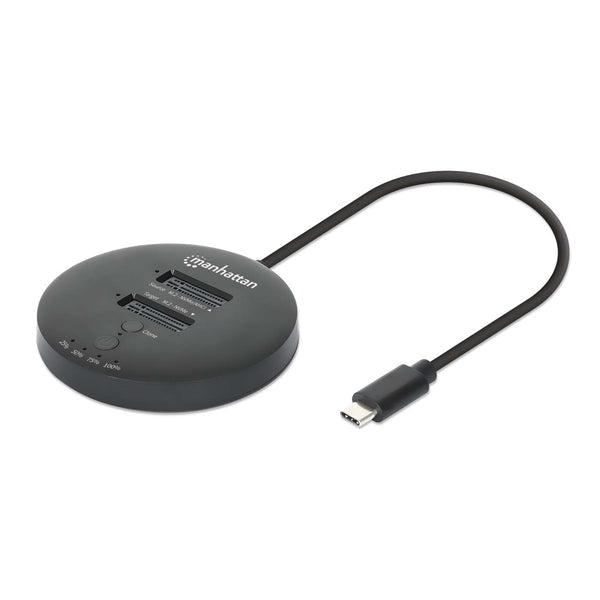 Manhattan Dual-Bay M.2 NVMe SSD Clone Station, Drive Dock for Duplication or Access, Integrated USB-C Cable, 10 Gbps SuperSpeed+ USB (USB 3.2 Gen 2), For 2230/2242/2260/2280/22110 SSDs with M Key or B+M Key, Black