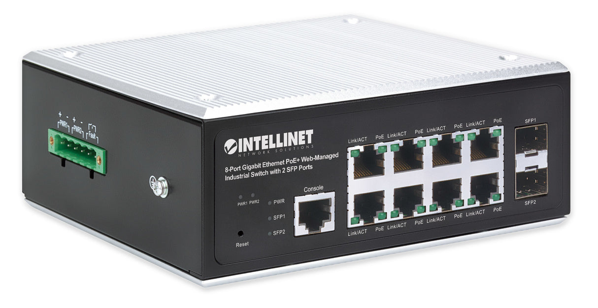 Intellinet Industrial 8-Port Gigabit Ethernet PoE+ Layer 2+ Web-Managed Switch with 2 SFP Ports IEEE 802.3at/af (PoE+/PoE) Compliant, PoE Power Budget up to 240 W, Layer 2+/Layer 3 Lite, IP30-Rated Metal Housing, Self-Healing Network, Endspan...
