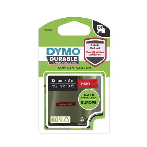 DYMO Authentic D1 Durable Labels | Black Print on Red Tape | 12 mm x 3 m | Labelling Tape for LabelManager Label Makers