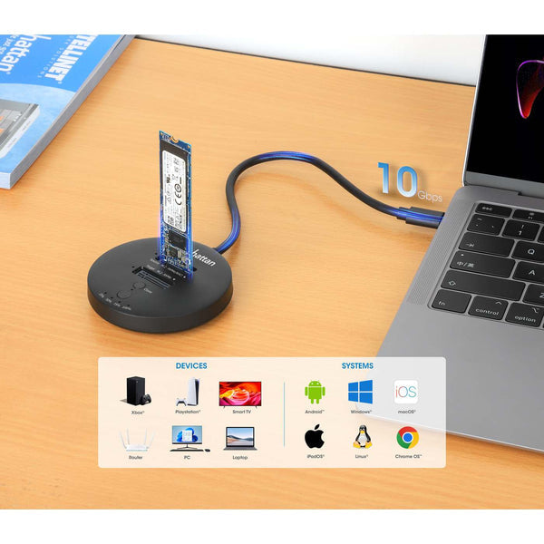 Manhattan Dual-Bay M.2 NVMe SSD Clone Station, Drive Dock for Duplication or Access, Integrated USB-C Cable, 10 Gbps SuperSpeed+ USB (USB 3.2 Gen 2), For 2230/2242/2260/2280/22110 SSDs with M Key or B+M Key, Black
