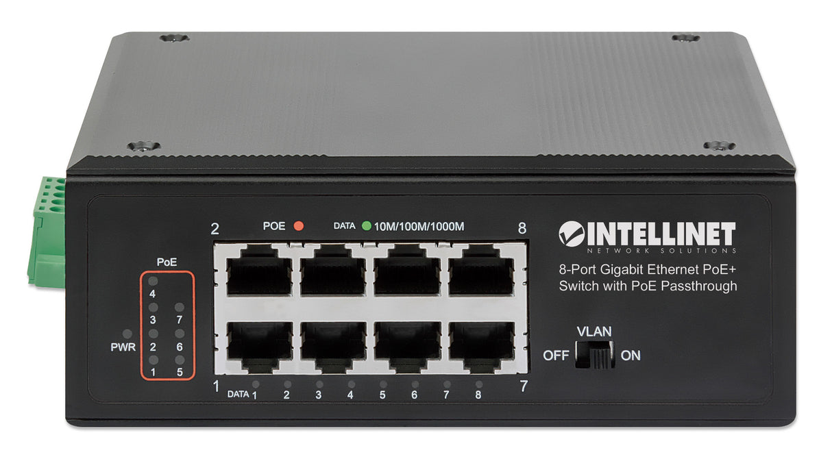 Intellinet 8-Port Gigabit Ethernet PoE+ Industrial Switch with PoE Passthrough, One PD PoE Port with 95 W Power Input, Seven PSE PoE Ports, PoE Power Budget up to 120 W, IEEE 802.3at/af Compliant, DIN-Rail Mount