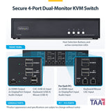 StarTech.com Secure 4-Port Dual-Monitor KVM Switch, HDMI or DisplayPort, 4K 60Hz, NIAP 4.0 Desktop KVM, Metal Housing, CAC Port, Made in the USA
