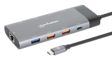Manhattan USB-C Dock/Hub, Ports (x10): Ethernet, HDMI (x2 8k), USB-A (x5) and USB-C (x2), With Power Delivery (100W) to USB-C Port (Note additional USB-C wall charger and USB-C cable needed), USB 3.2 Gen 2, All Ports can be used at the same time...