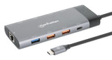 Manhattan USB-C Dock/Hub, Ports (x10): Ethernet, HDMI (x2 8k), USB-A (x5) and USB-C (x2), With Power Delivery (100W) to USB-C Port (Note additional USB-C wall charger and USB-C cable needed), USB 3.2 Gen 2, All Ports can be used at the same time...