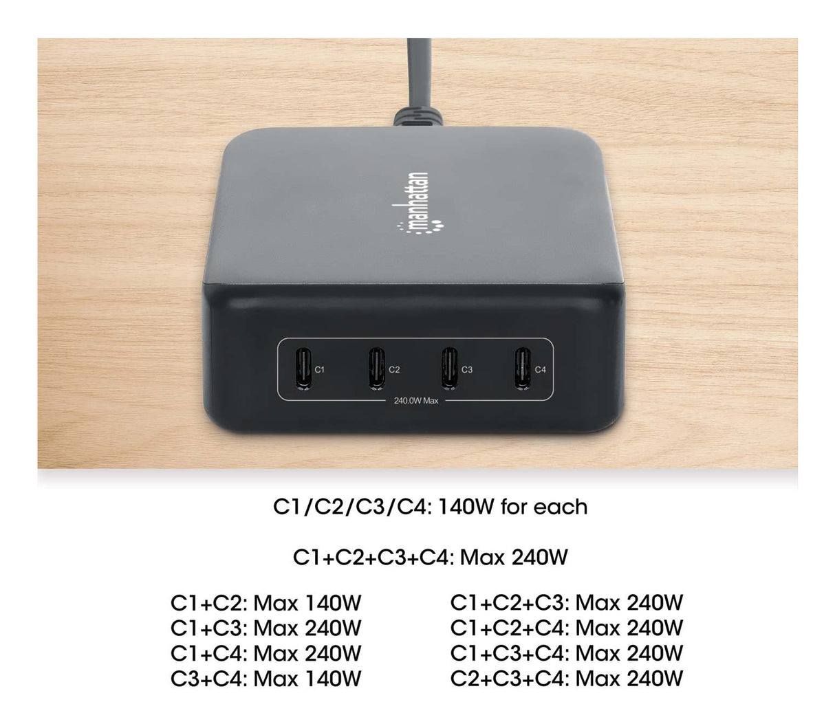 Manhattan 4-Port GaN USB Power Delivery Charging Station - 240 W / PD 3.1, Four USB-C PD Ports with up to 140 W per Port, 240 W Total Output, Power Delivery 3.1, Black