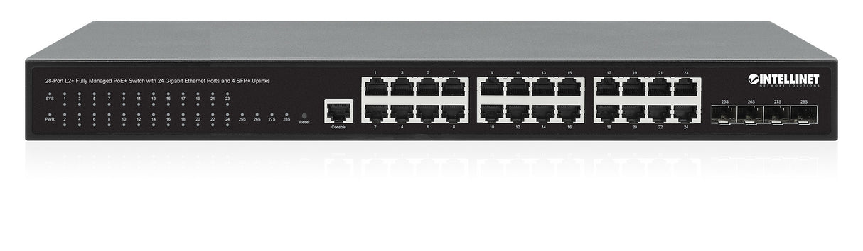 Intellinet 28-Port L2+ Fully Managed PoE+ Switch with 24 Gigabit Ethernet Ports and 4 SFP+ Uplinks IEEE 802.3at/af (PoE+/PoE) Compliant, 370 W PoE Power Budget, Layer 2+/Layer 3 Lite, Four 10G SFP+ Open Slots, Self-Healing Network, 19" Rackmount