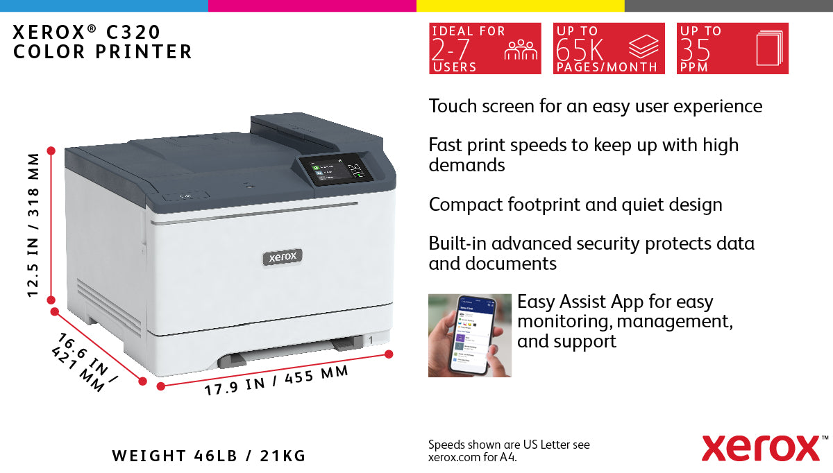 Xerox C320 A4 33ppm Wireless Duplex Printer PS3 PCL5e/6 2 Trays Total 251 Sheets