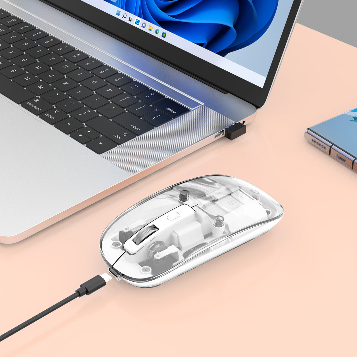 Manhattan Transparent Rechargeable Wireless Mouse, Clear/White, Adjustable 800/1200/1600dpi, With RGB LED light, 2.4Ghz (effective range up to 10m), USB, Optical, Ambidextrous, Four Button with Scroll Wheel, Slim Design, USB-A micro receiver...
